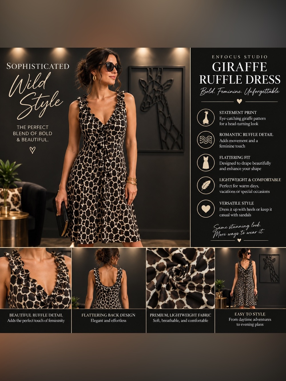 Enfocus Studio Dark Brown and Cream Giraffe Ruffle Top Dress